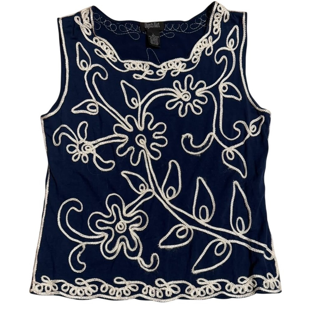 Objects D'art Womens Navy Blue Floral Soutache Embroidered Tank Top Size Large